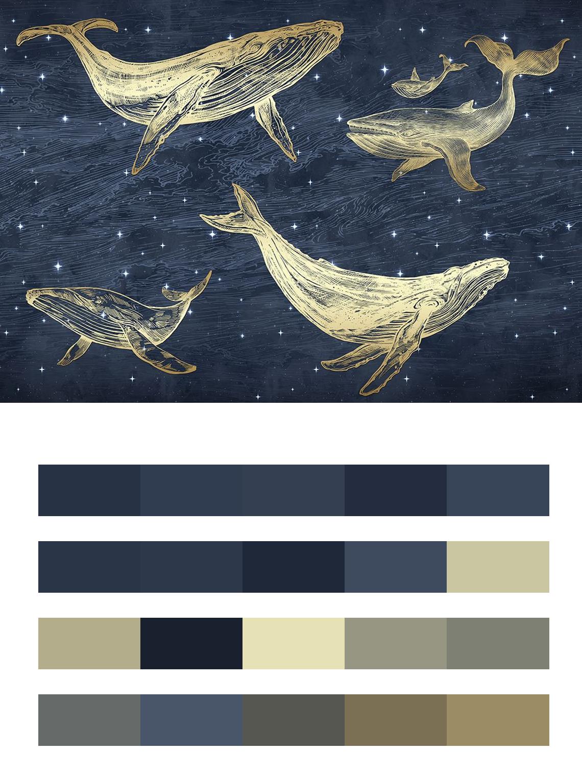 Золотые киты на синем фоне цвета