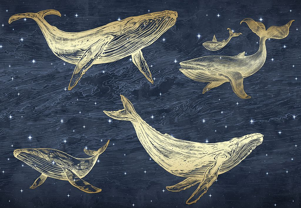 Фотообои Золотые киты на синем фоне
